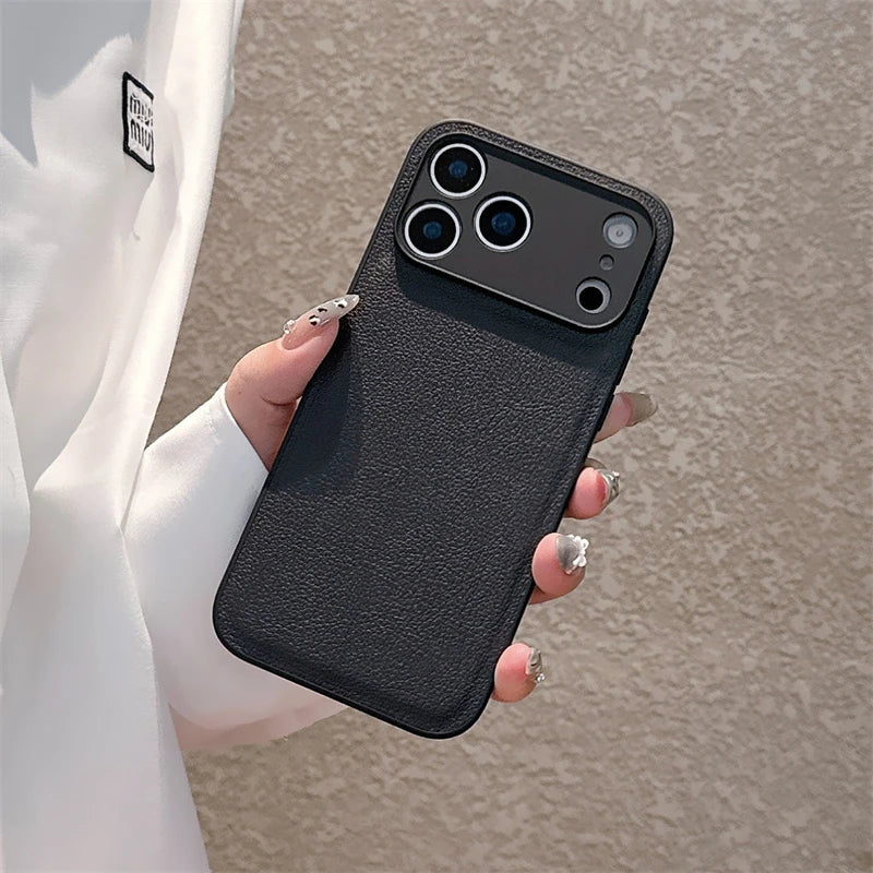 Luxury Lychee Pattern Leather iPhone Case – Shockproof TPU Frame