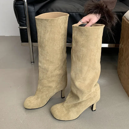 Eilyken Women Knee-High Stiletto Boots – Round Toe Suede