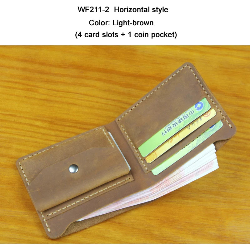 Handmade Crazy Horse Leather Bifold Wallet with Coin Pocket