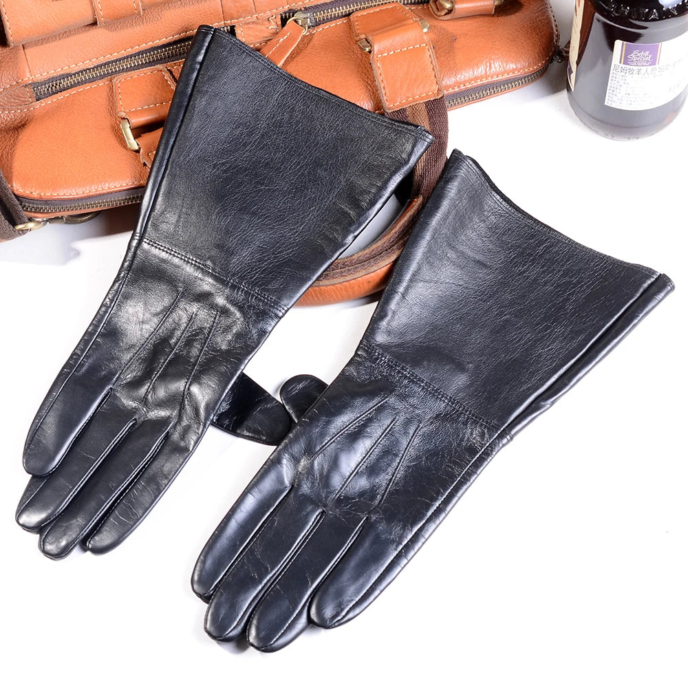 Men's Goatskin Leather Long Cuff Motorcycle Gauntlet Gloves