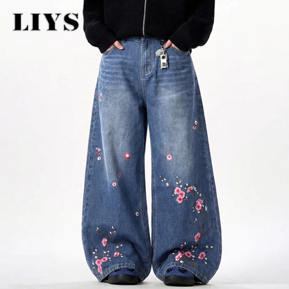 Plum Blossom Embroidered Baggy Jeans – Men's Wide Leg Denim
