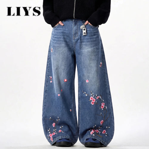 Plum Blossom Embroidered Baggy Jeans – Men's Wide Leg Denim