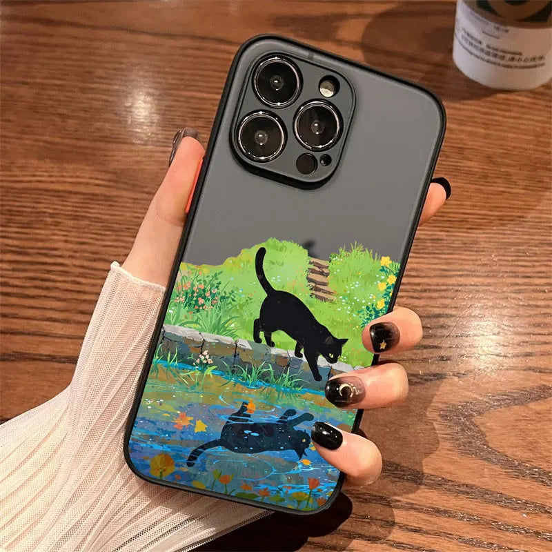 Anime Black Cat Floral iPhone Case – iPhone 11 to 17 Pro Max