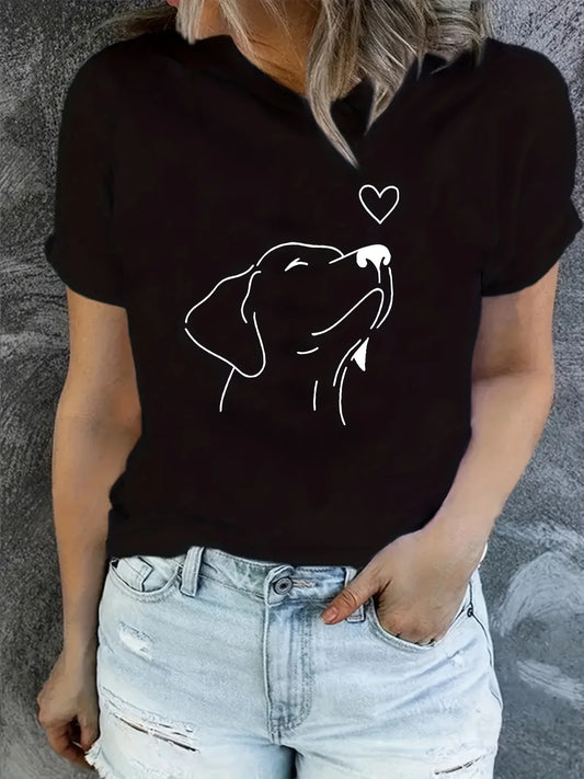 Dog Print Women's T-Shirt – Casual Short Sleeve Round Neck Top