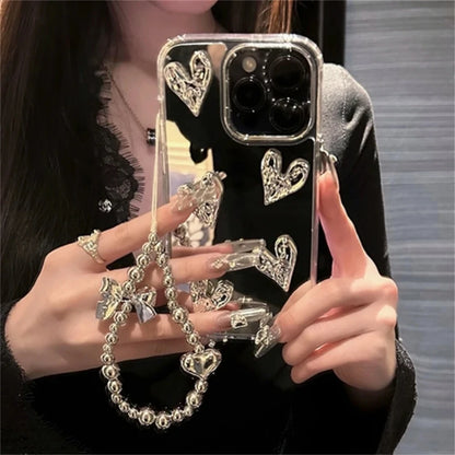 3D Heart Mirror iPhone Case with Silver Bracelet Chain
