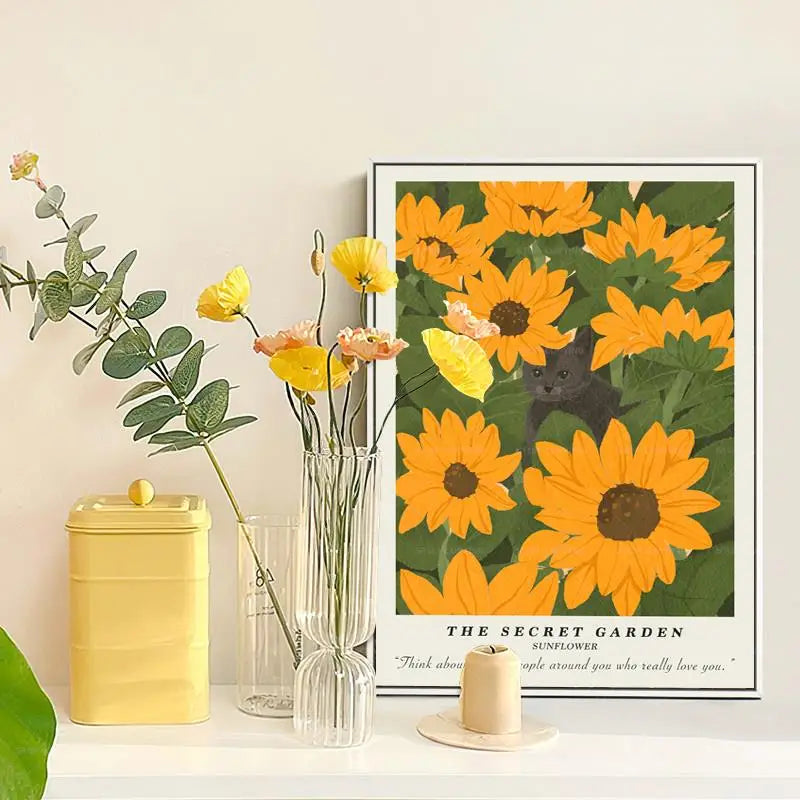 Cat & Sunflower Wall Art Poster – The Secret Garden Print