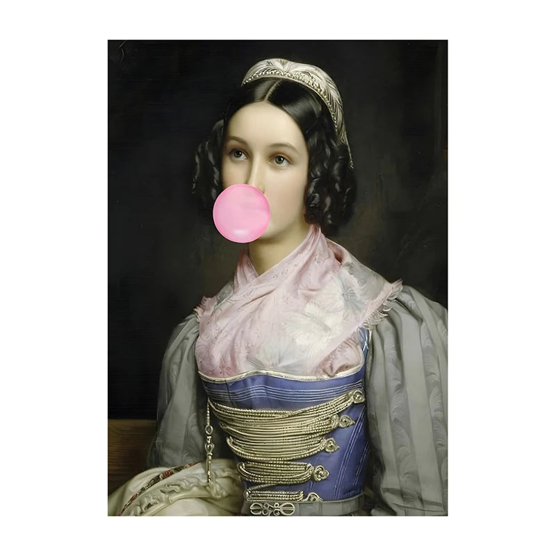 Bubble Gum Baroque Portrait Wall Art Poster – Vintage Altered Art Print