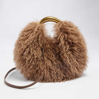 Faux Fur Shoulder Bag – Fluffy Round Handbag with Gold Handle