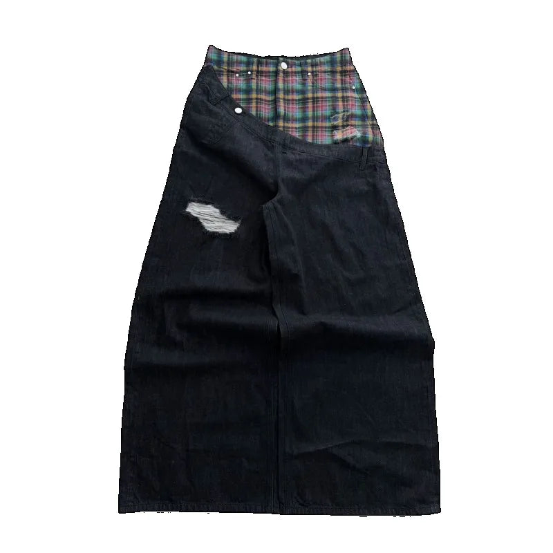 Y2K Plaid Patchwork Baggy Jeans – Retro Wide Leg Denim Pants