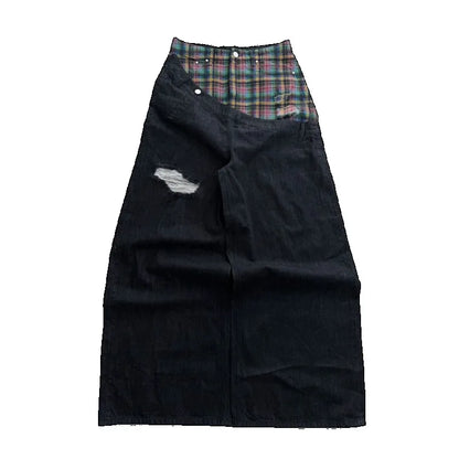 Y2K Plaid Patchwork Baggy Jeans – Retro Wide Leg Denim Pants