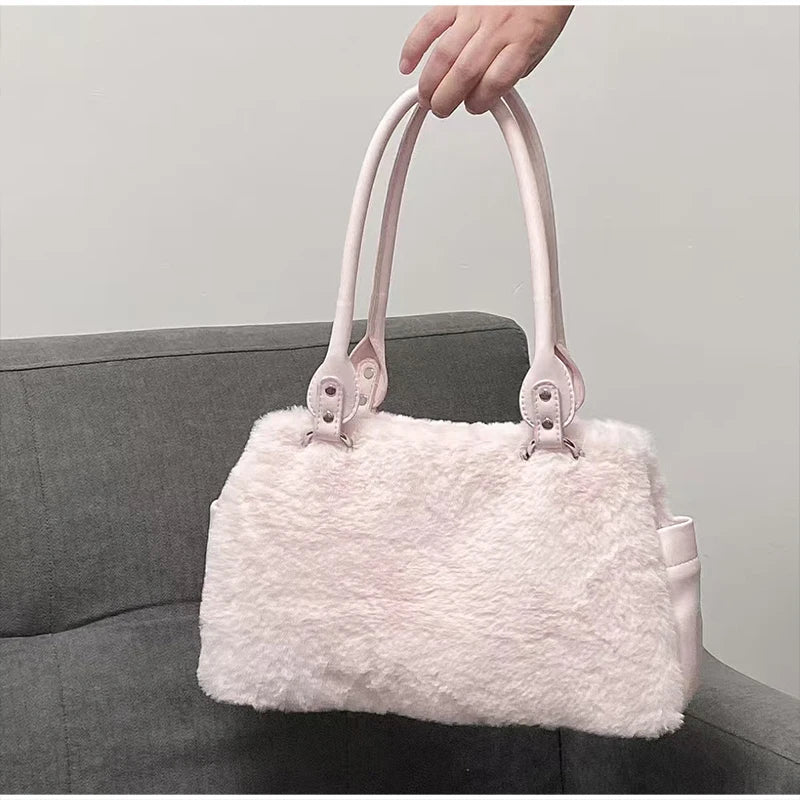 Cute Pink Bow Handbag Women's Creative Rivet Design Plush Shoulder Bag