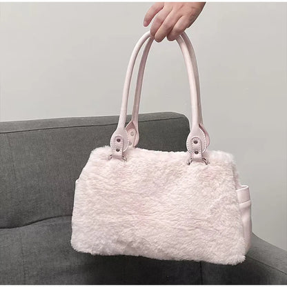 Cute Pink Bow Handbag Women's Creative Rivet Design Plush Shoulder Bag