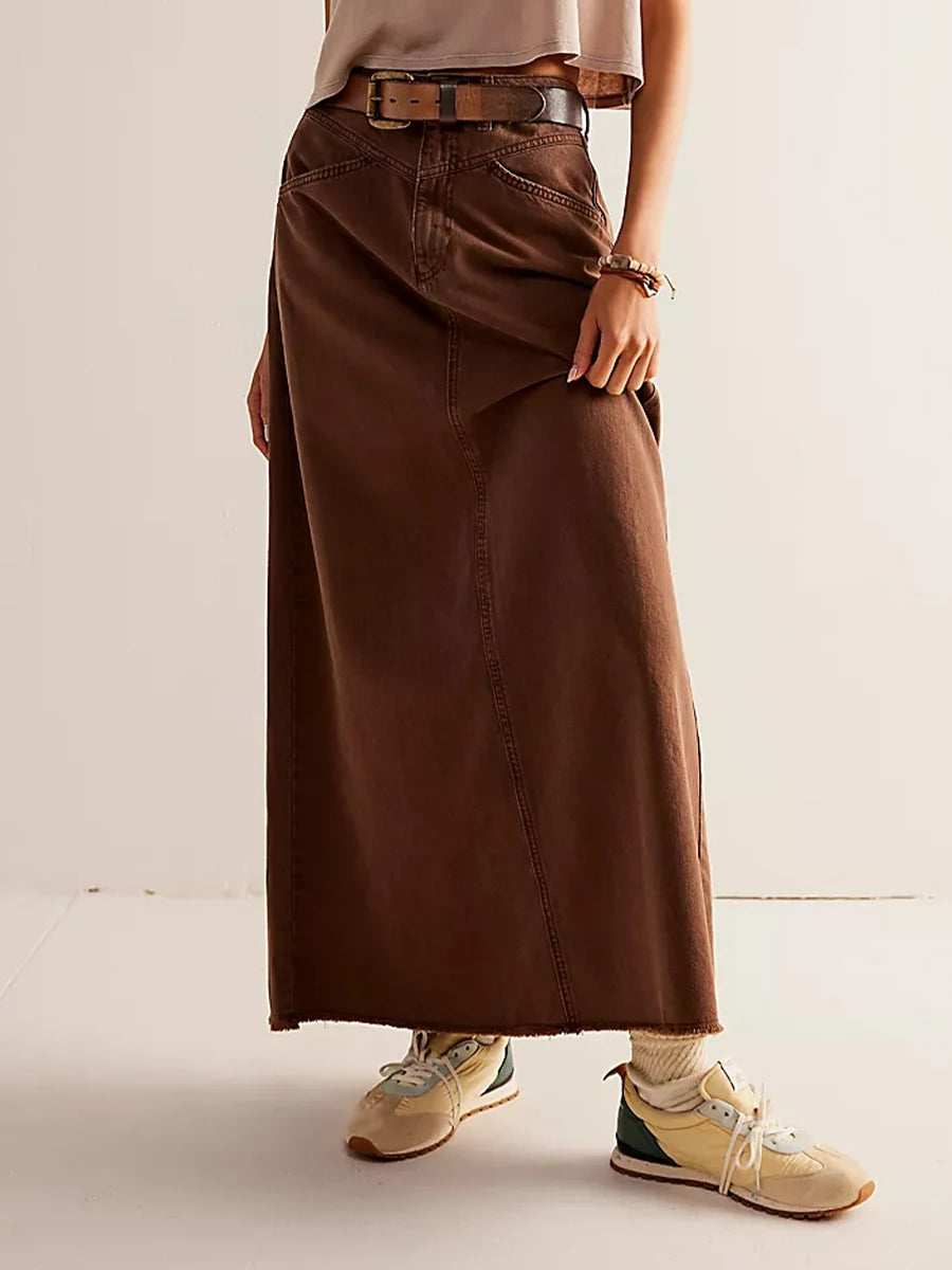 Y2K Vintage Denim Maxi Skirt – Women's A-Line Frayed Hem Long Jean Skirt