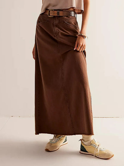 Y2K Vintage Denim Maxi Skirt – Women's A-Line Frayed Hem Long Jean Skirt