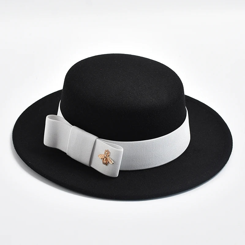 Women's Flat Top Fedora Hat – Bow & Bee Pin, Church & Party
