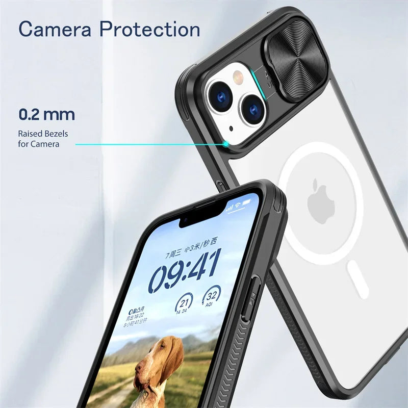 Slide Camera Lens MagSafe Case – Acrylic Wireless Charging | iPhone 7–15 Series