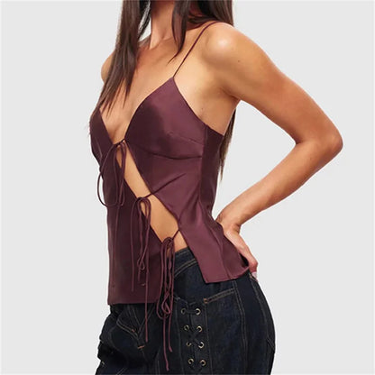 Female Satin Chic Tie Up Hollow Out Crop Top Women Summer Spaghetti Strap Backless Slim Party Tank