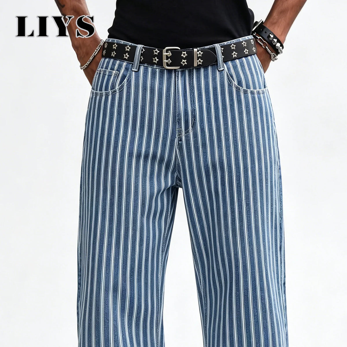 Men's Striped Jacquard Baggy Straight Leg Jeans – Blue & White