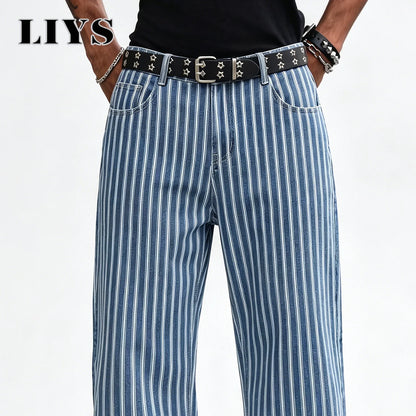 Men's Striped Jacquard Baggy Straight Leg Jeans – Blue & White