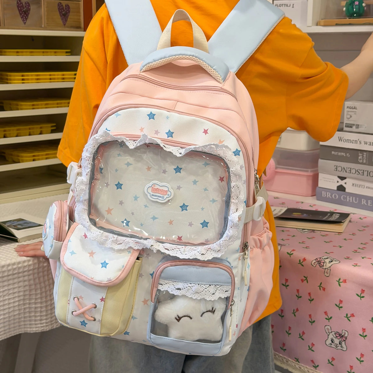 Cute Print Girls Backpack with Lace Decor – Large Capacity School Bag