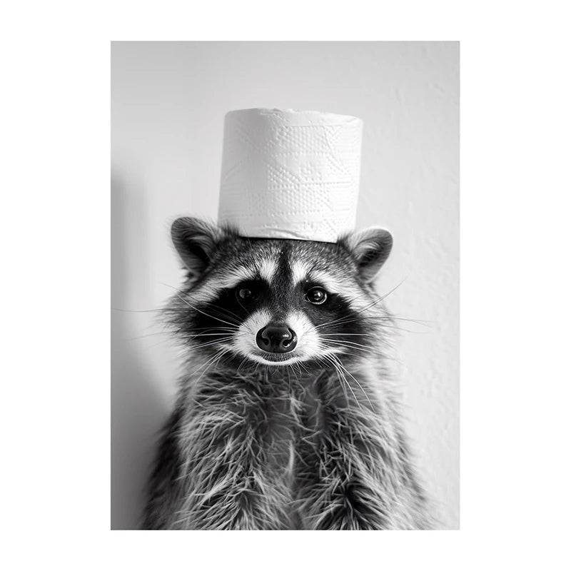 Funny Bathroom Wall Art Poster – Black & White Animal Toilet Paper Print