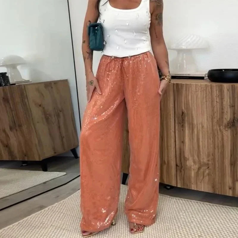 Sequin Wide-Leg Pants for Women – Y2K Loose Drawstring Trousers