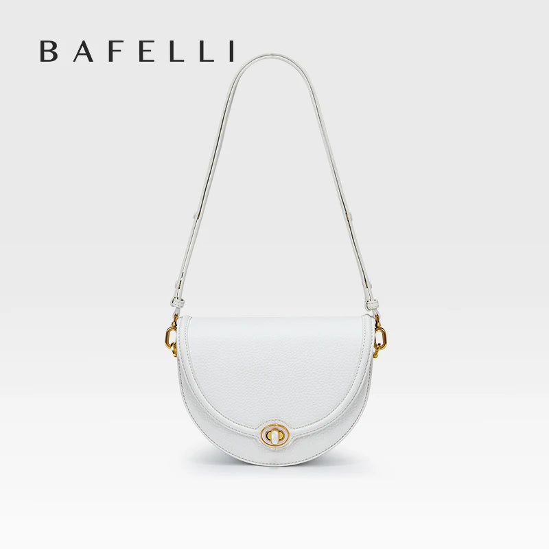 Designer Half-Moon Saddle Bag Top Grain Leather Mother-Of-Pearl Clasp - Light Luxe All-Leather