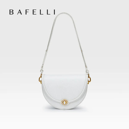 Designer Half-Moon Saddle Bag Top Grain Leather Mother-Of-Pearl Clasp - Light Luxe All-Leather