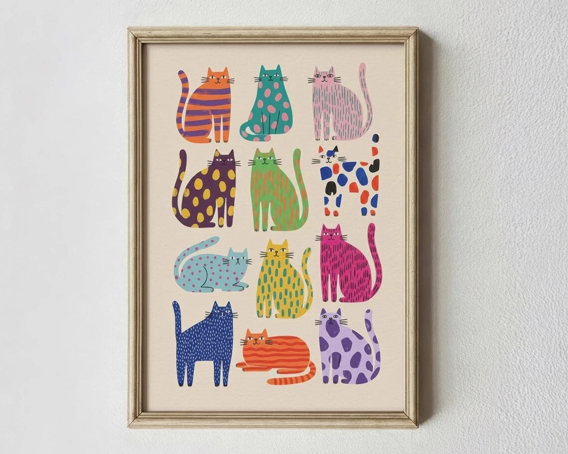 Colorful Cat Art Print Whimsical Wall Poster