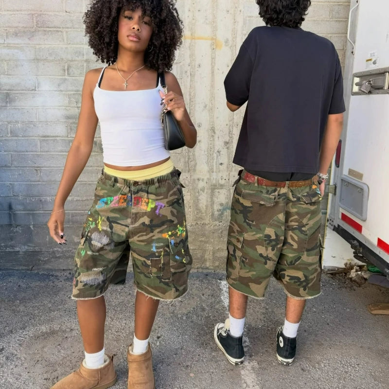 Camo Cargo Shorts Graffiti Print Unisex Y2K Streetwear