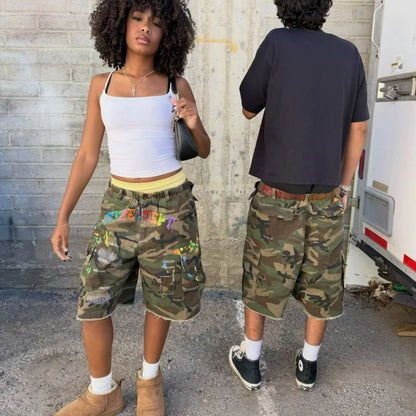 Camo Cargo Shorts Graffiti Print Unisex Y2K Streetwear
