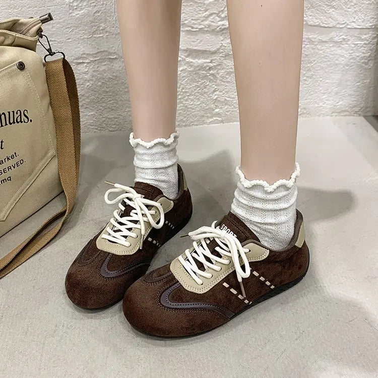 Retro Color-Block Lace-Up Sneakers for Women – Flat Casual Sport Shoes