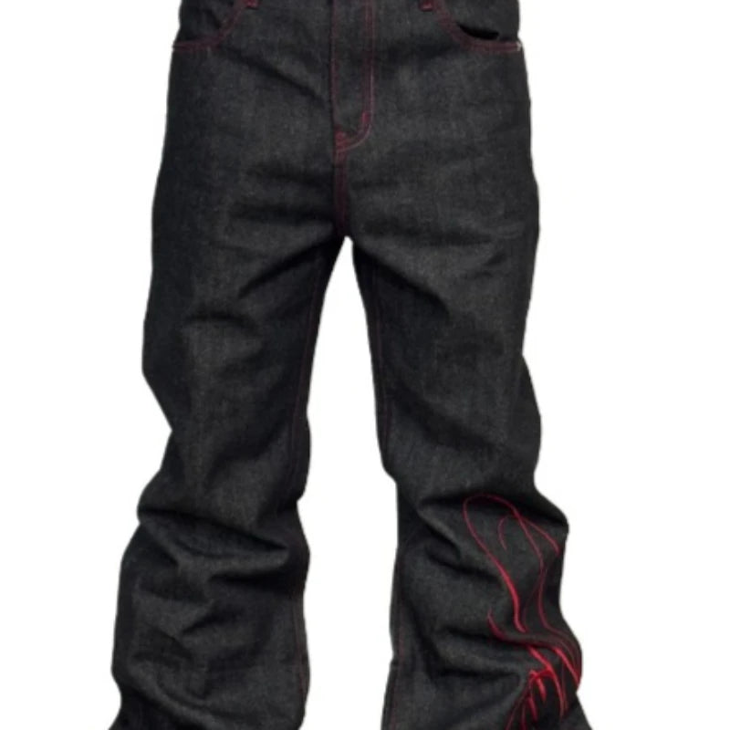 Mens Jeans Tattoo Letter Embroidery Black Red Denim Pants Harajuku Unisex Straight Leg Slight Flare