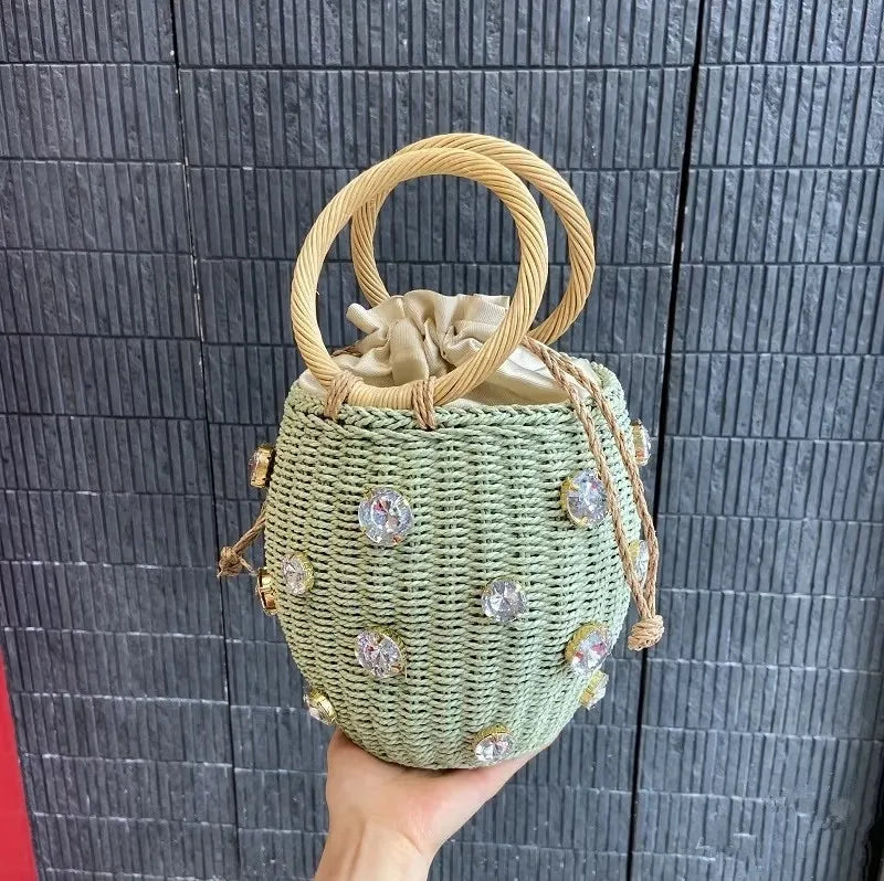 Rattan Straw Bucket Bag – Bohemian Handmade Pearl Shoulder Bag