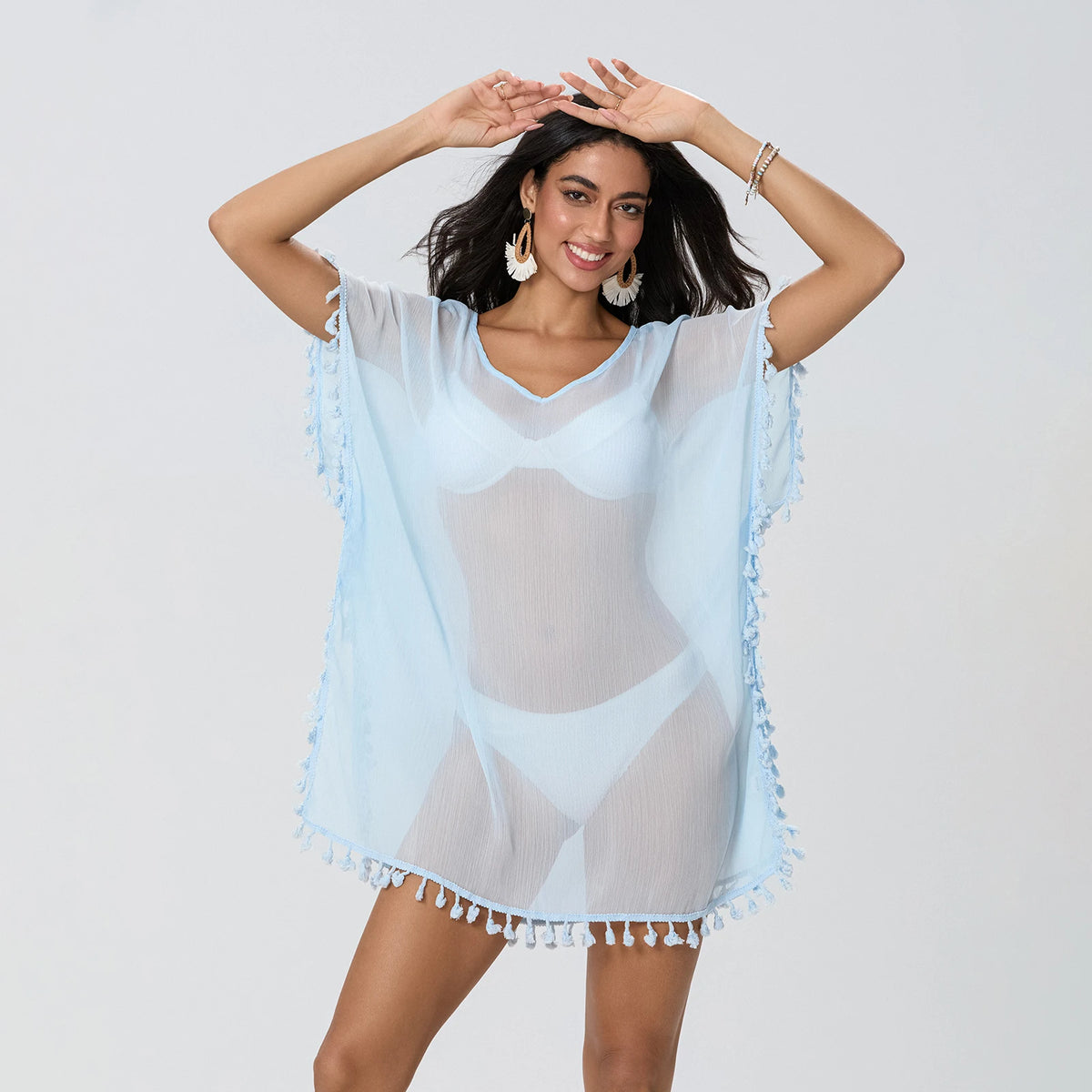 Tassel Trim Beach Cover-Up Dress – Sheer Swimsuit Coverup