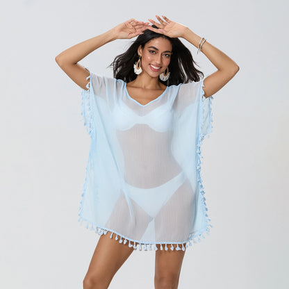 Tassel Trim Beach Cover-Up Dress – Sheer Swimsuit Coverup