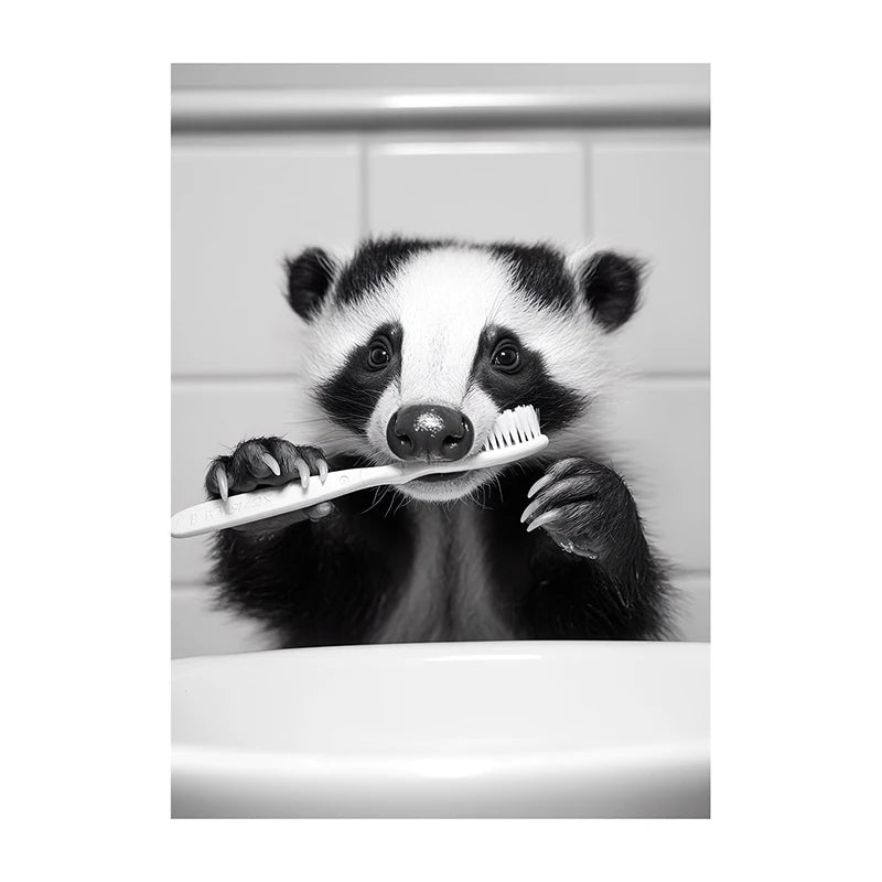 Funny Animal Bathroom Wall Art Poster – Black & White Vintage Print