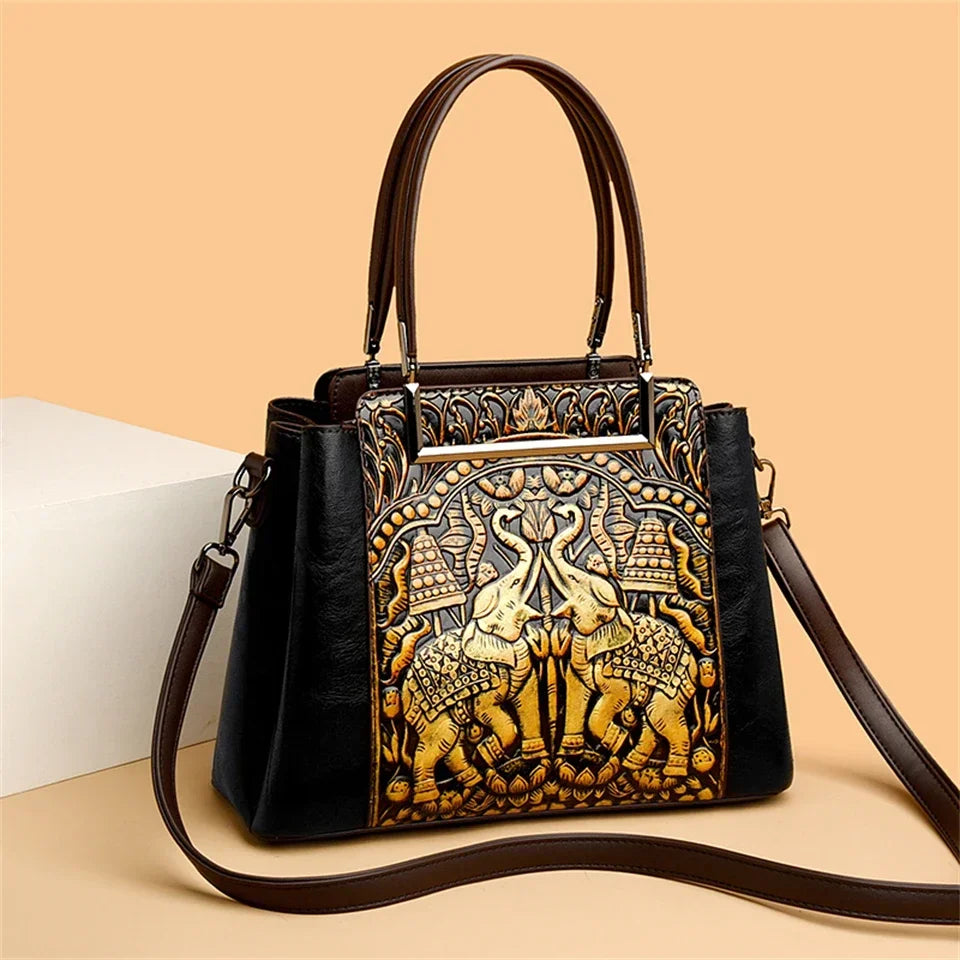 Vintage Embossed Handmade Handbag Women Versatile Pu Leather Shoulder Bag 3 Layers Large Capacity