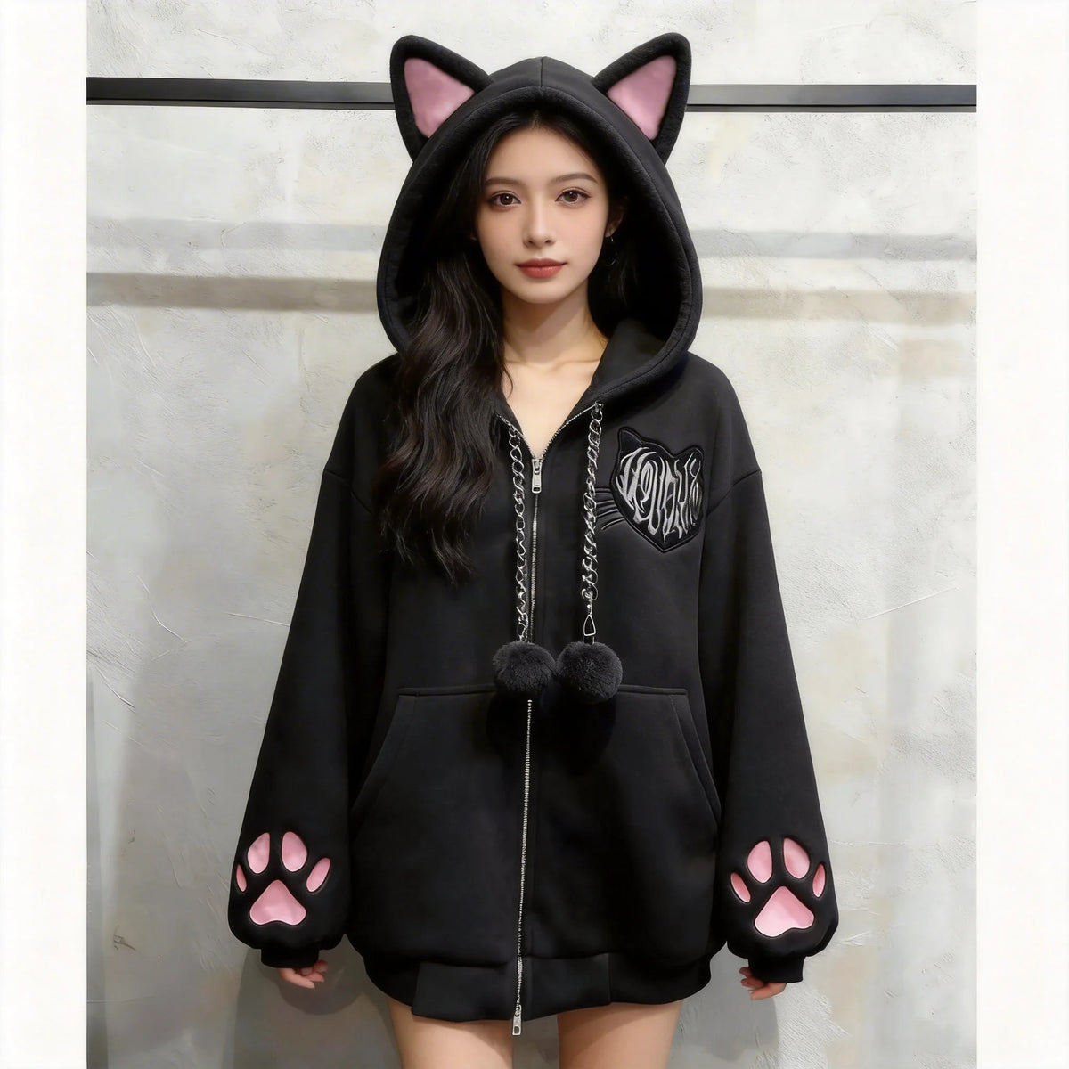 Cat Ear Velvet Hoodie – Women's Y2K Goth Zip-Up Coat