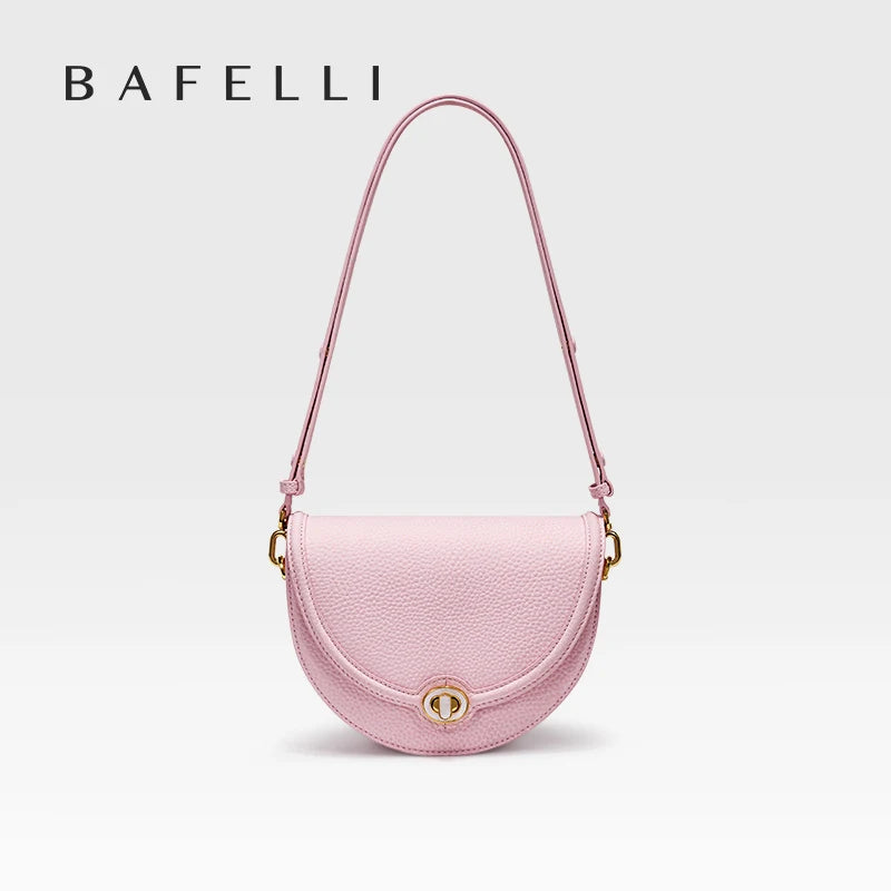 Designer Half-Moon Saddle Bag Top Grain Leather Mother-Of-Pearl Clasp - Light Luxe All-Leather