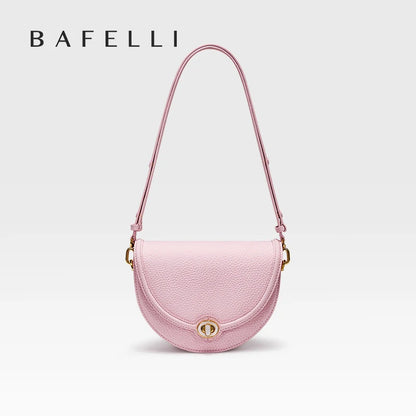 Designer Half-Moon Saddle Bag Top Grain Leather Mother-Of-Pearl Clasp - Light Luxe All-Leather