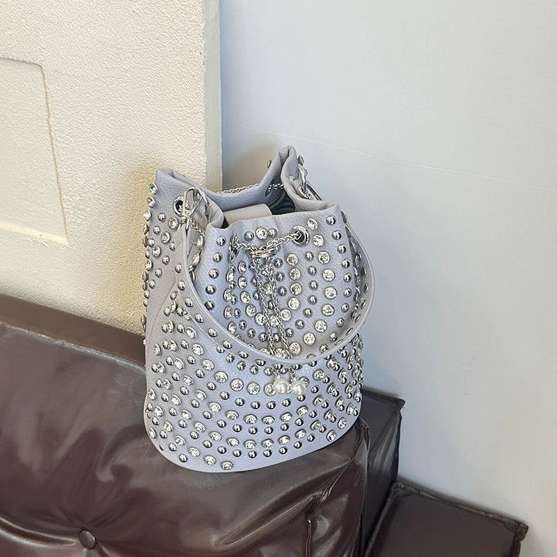 Studded Bucket Bag with Pearl Charm Drawstring Punk Rock Leather Shoulder Bag