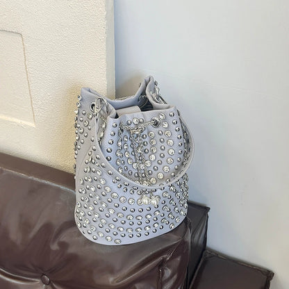 Studded Bucket Bag with Pearl Charm Drawstring Punk Rock Leather Shoulder Bag