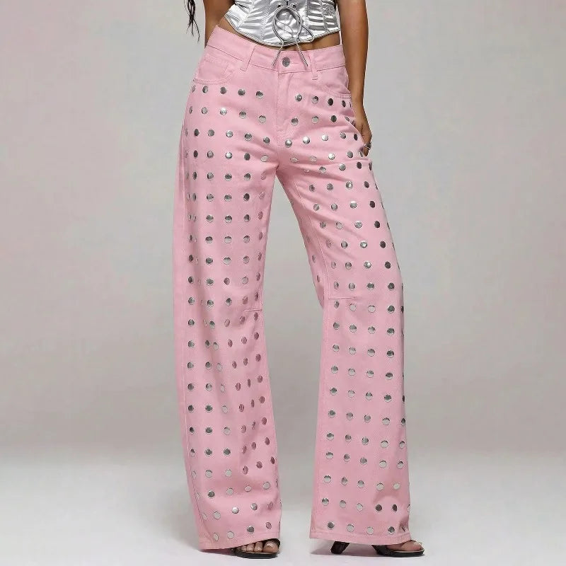 Mirror Rivet Baggy Straight-Leg Jeans – Y2K Mid-Waist Women's Trousers