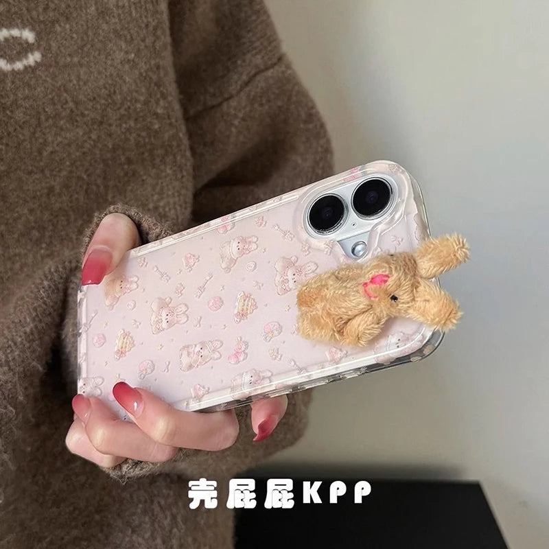 Cute 3D Plush Rabbit iPhone Case – Transparent Floral Cartoon Cover