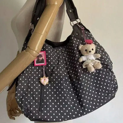 Harajuku Retro Polka Dot Tote Bag Women Black Wrinkle