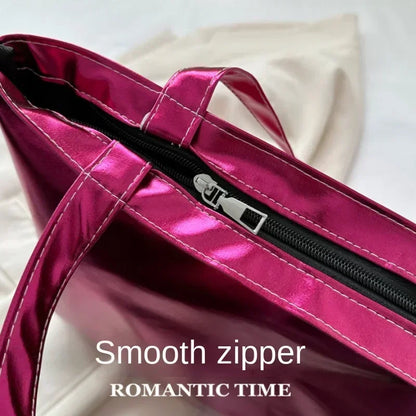 Glossy Tote Bags for Women Fashion High Capacity Shopping Pouch PU Leather Handags