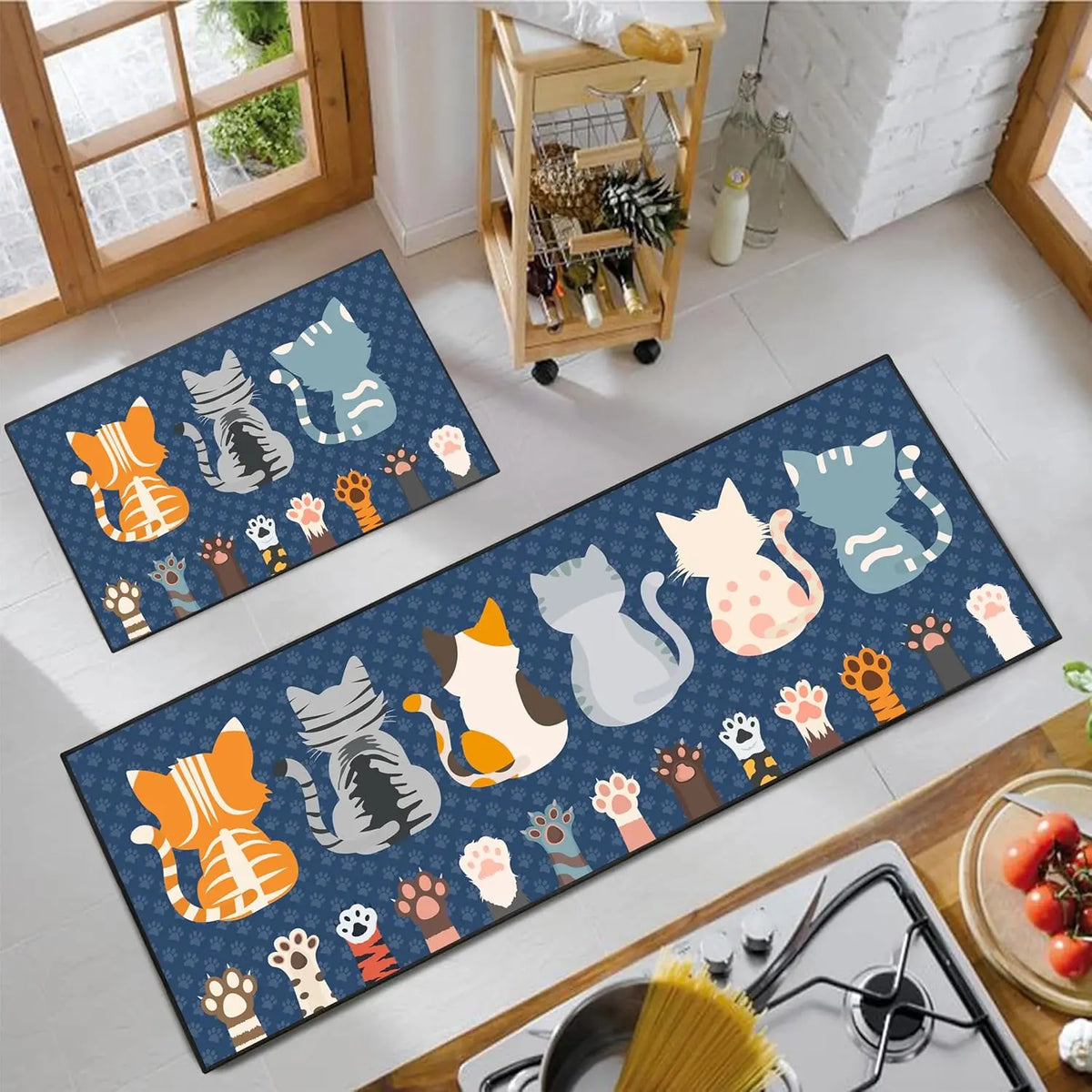 2-Piece Boho Kitchen Rug Set – Stain-Resistant Floral Patchwork Mat