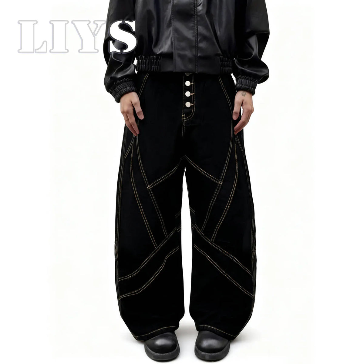 Gold Geometric Stitch Baggy Wide Leg Black Jeans – Unisex Streetwear Denim