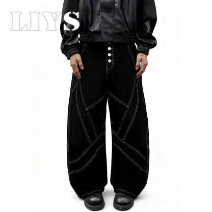 Gold Geometric Stitch Baggy Wide Leg Black Jeans – Unisex Streetwear Denim